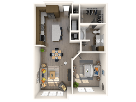 Floor plan for 1 bed, 1 bath, 839 sqft